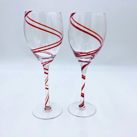 Set of 2 Pier 1 Imports Red Double Spiral Swirl Wine Glasses 9.25"